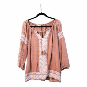 Solitaire Cream & Dusty Rose Embellished Relaxed Blouse with Tassels Sixe XL
